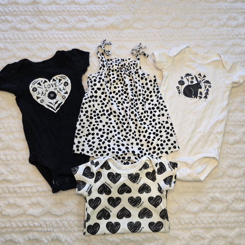 Black & White Baby Girl Bundle • 6–9M • 4 Pc Onesies + Dress